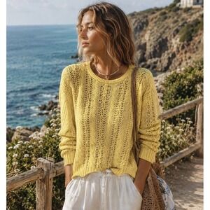 Cambridge Dry Goods Yellow Cable Knit Sweater Womens Medium Fisherman Grandma